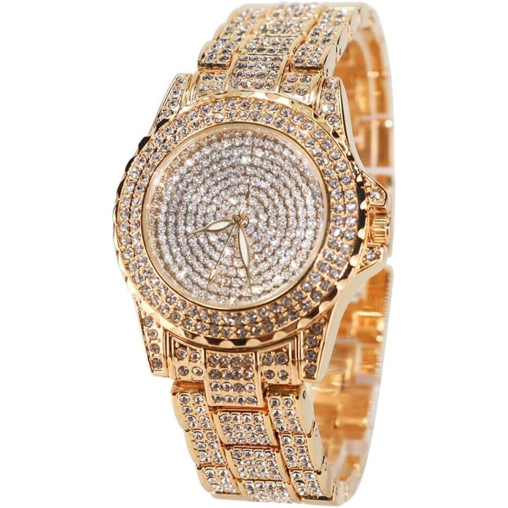 Women's Gold Crystal Rhinestone Diamond Stainless Steel Iced Out Wristwatch